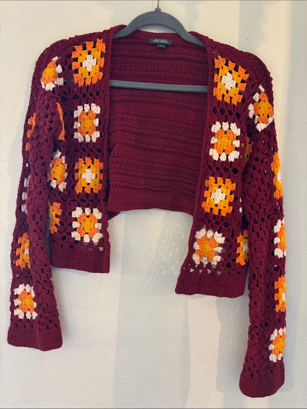 wild fable Crocheted Granny Square Cardigan in Burgundy with Orange and Cream